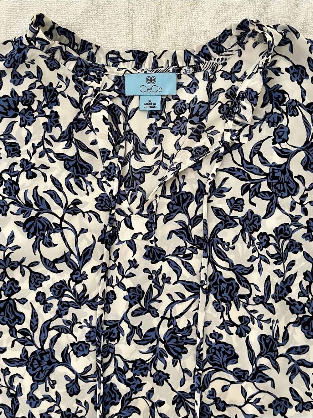 CeCe Navy and Light Blue Floral Tie-Neck Blouse